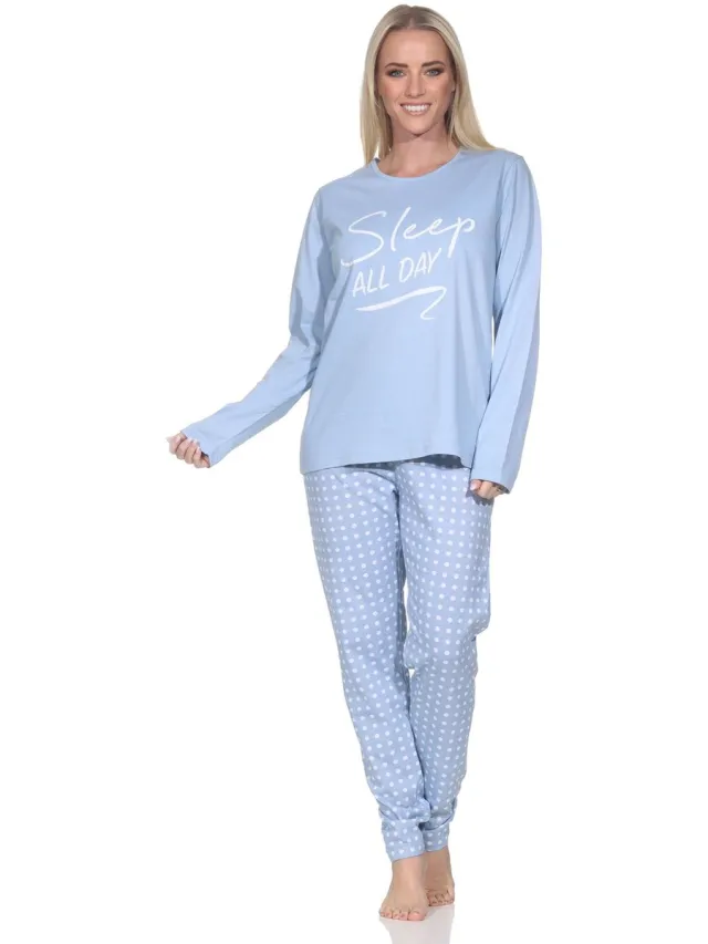 Normann damespyjama met lange mouwen, geruite pyjamabroek en print op de voorkant blau