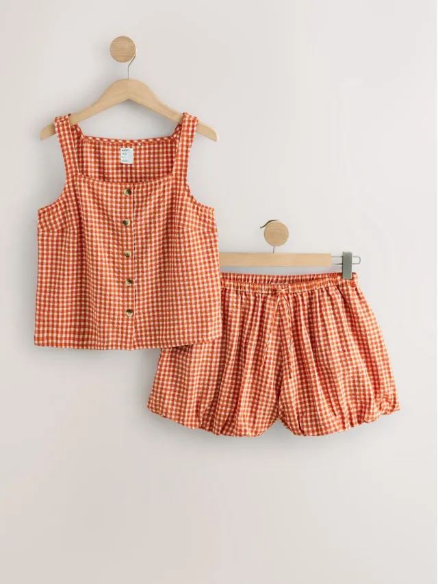 Next Dames - Pyjamaset met bloomer-short - Oranje Orange Gingham