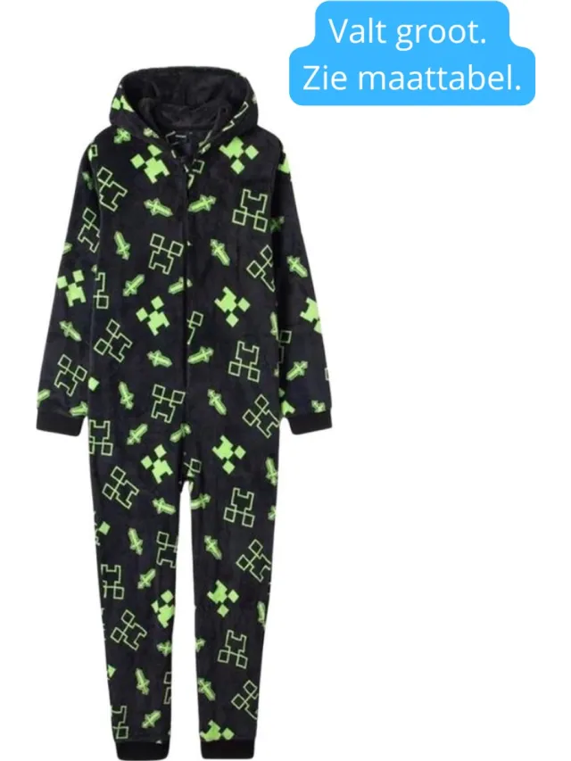 Minecraft onesie 16 jaar en ouder - 158 cm - pyjama - huispak - jumpsuit zwart/groen