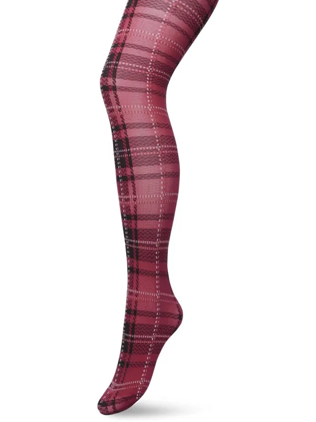 Bonnie Doon Dames Panty met Ruiten 80 Denier Donker Rood - Ruit Motief - Ruitjes Print - Uitstekende pasvorm - Gladde Naden - London Checks Tights - Heerlijk Comfortabel - Bordeaux - Donkerrood - Rhododendron - BP211910.338
