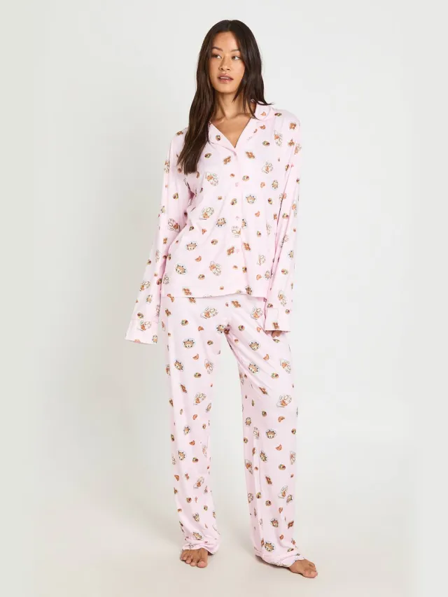 boohoo Dames Lange Pyjama Set Met Ontbijtprint, Paspeldetail, Lange Mouwen & Broek Baby Roze