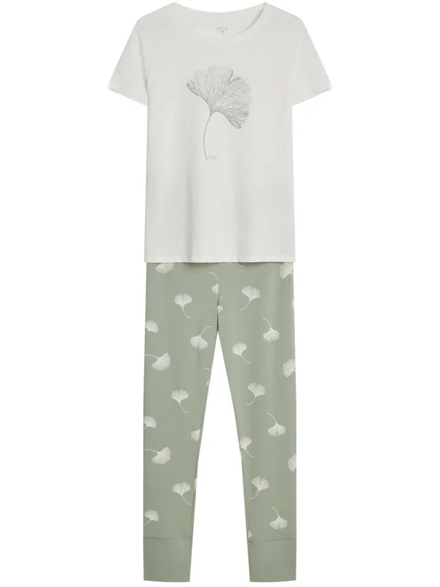 ESOTIQ Cervia - Damespyjamaset - Korte mouw - Lange broek - Katoen Crème;Lichtgroen