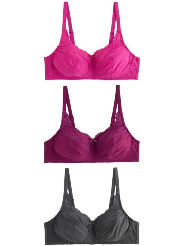 Next Dames - Set van 3 Ultimate Comfort beha's met kant en hele cups, zonder beugels - Roze Grey/Purple/Pink