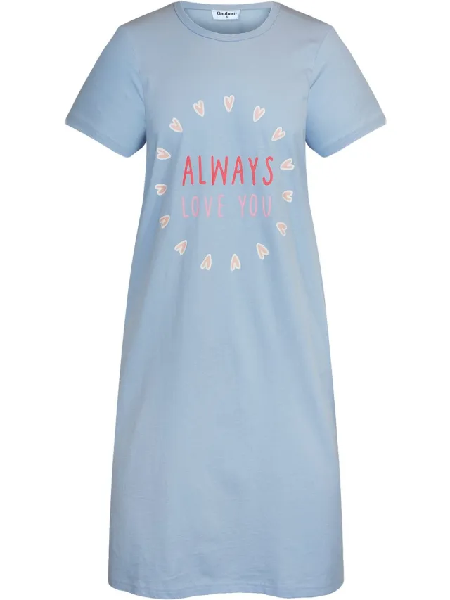 GAUBERT Essential Dames Nachthemd Korte Mouw - Premium Gekamd Katoen - Always Love You - Lichtblauw - GB-6813 Korte Mouw, Lichtblauw, Always Love You