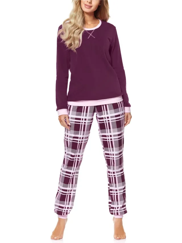 Merry Style MS-MS10-168-PJ Dames Pyjama - ronde hals - lange mouwen - lange broek met zakken - Katoen - Wijn/Geruit