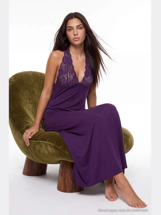 Trendyol TRENDYOLMİLLA Dames Paars Effen Maxi Mouwloos Regular fit Nachthemden, foto 2