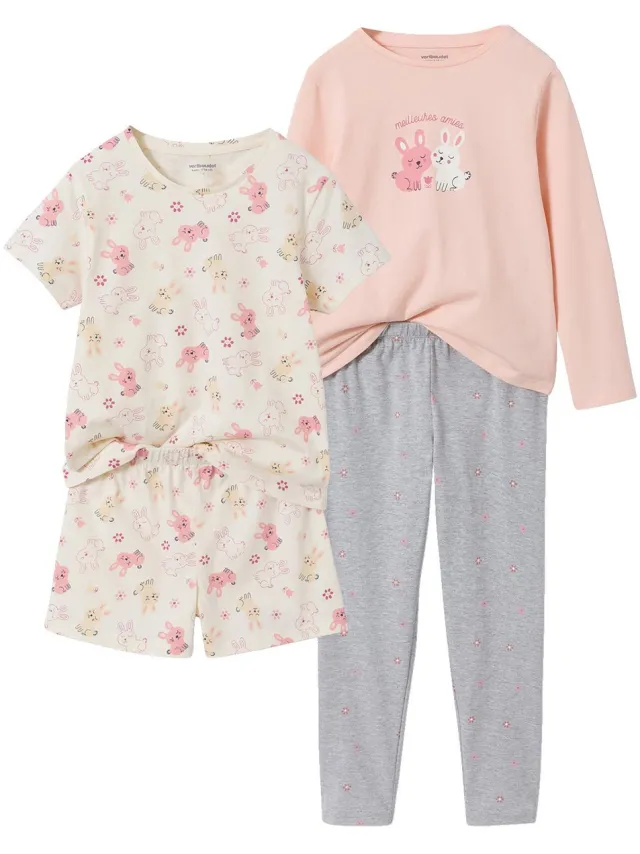vertbaudet Set van 2 korte en lange pyjama's met konijntjes gemêleerd grijs