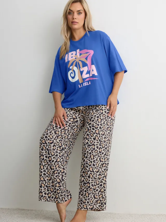 Yours Blauw & Luipaardprint 'Ibiza' Pyjamaset-44 Blue