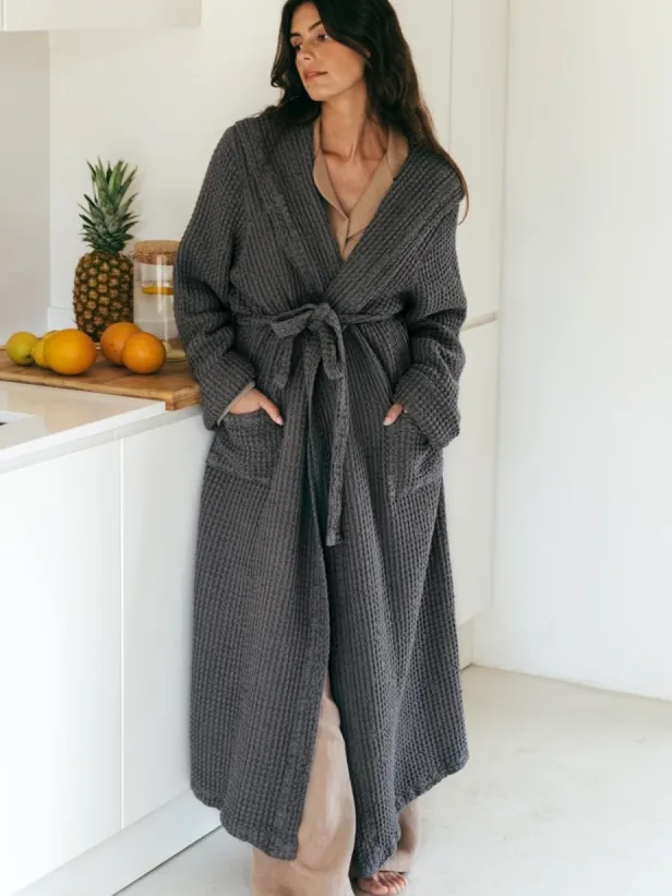 AmourLinen dames vegan Badjas Waffle Snuggle Antraciet Donkergrijs