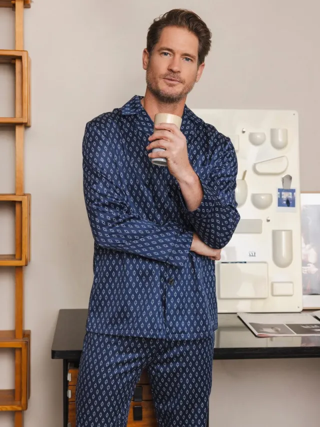 Robson Satijnen pyjama heren - Knoopsluiting - Doorknoop pyjama met lange mouwen - 48 - Blauw