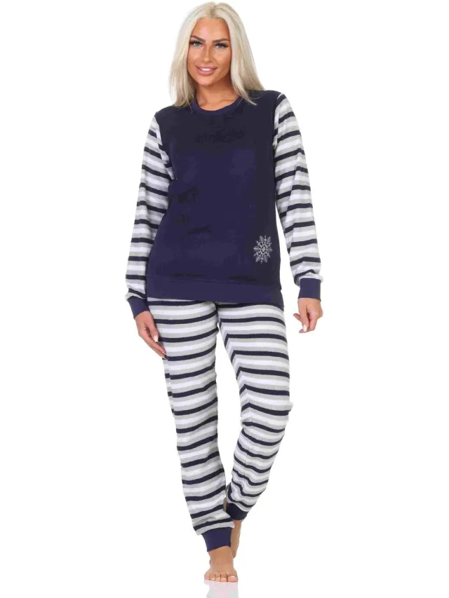Normann Ringetjes Badstof pyjama voor dames met lange mouwen en ijskristallen navy
