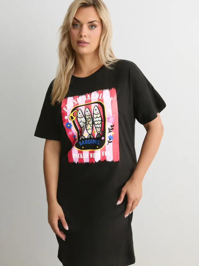 Yours Zwarte 'Fresh Sardines' Slaaptshirtnachtjurk-44 Black