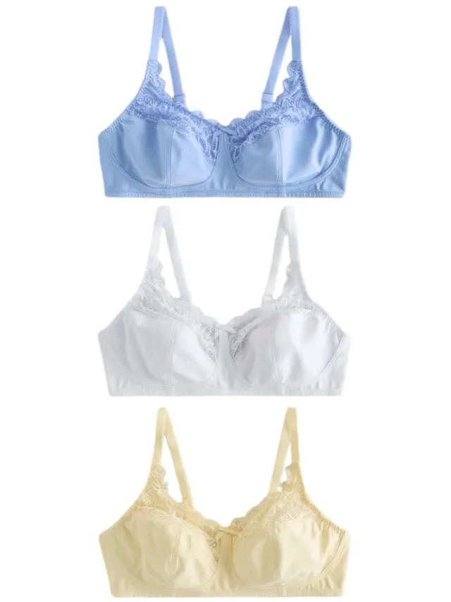 Next Dames - Set van 3 hoog ondersteunende beha's van katoen en kant zonder vulling en zonder beugel - Blauw Blue/Yellow/White
