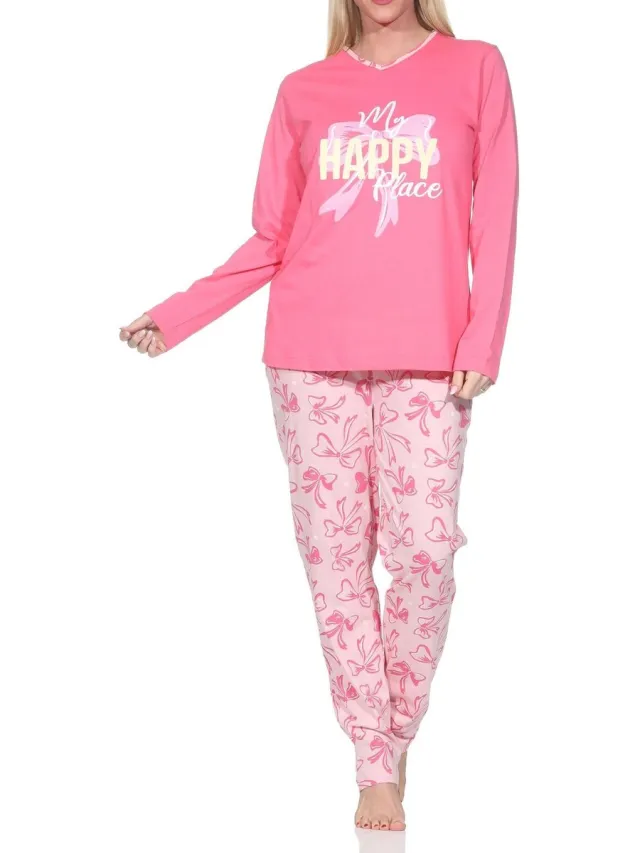 Normann dames lange pyjama in een stijlvolle look met strikken als motief pink