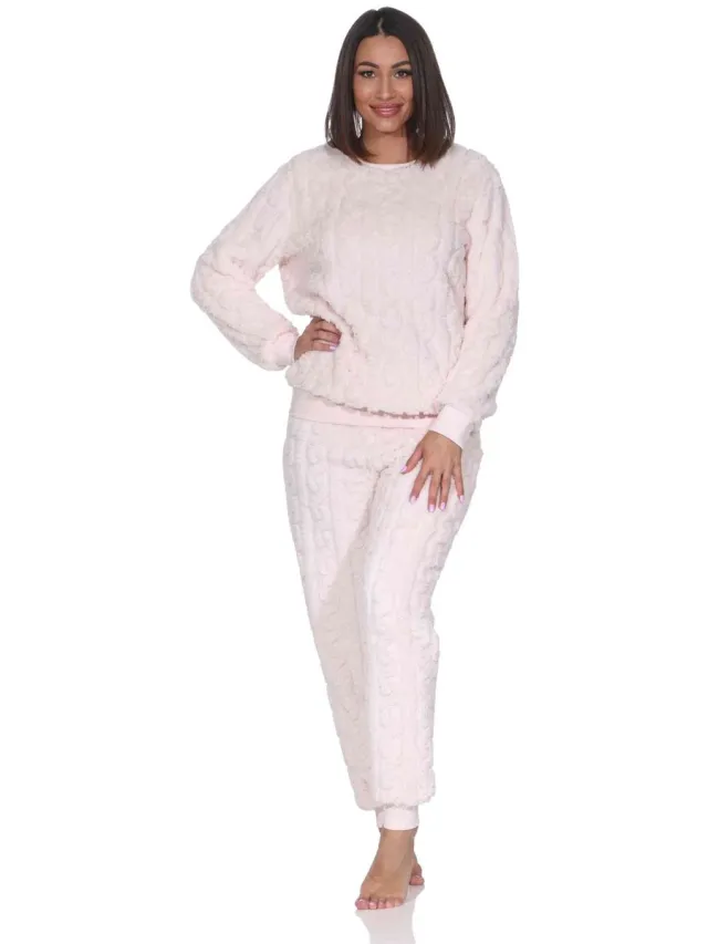 Normann Knuffelige warme damespyjama met lange mouwen en boorden van sherpa fleece rose