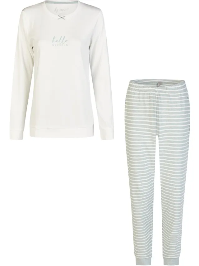 By Louise Dames Pyjama Set Lang Interlock Wit/Groen Gestreept