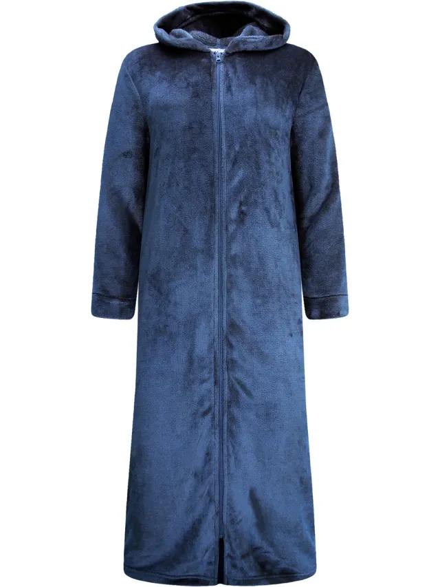 GAUBERT Extra Lange Dames Rits Badjas met Capuchon en Zijzakken - Ochtendjas - Superzacht Coral Fleece - Donkerblauw - 8206-Blue