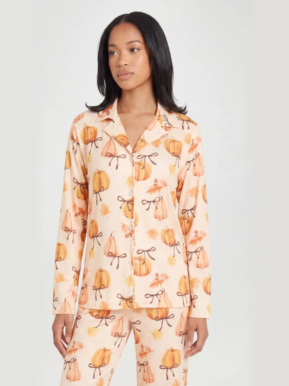 boohoo Dames Herfst Pyjama Set Met Pompoen En Strik Print Lange Mouw & Broek perzik, foto 3