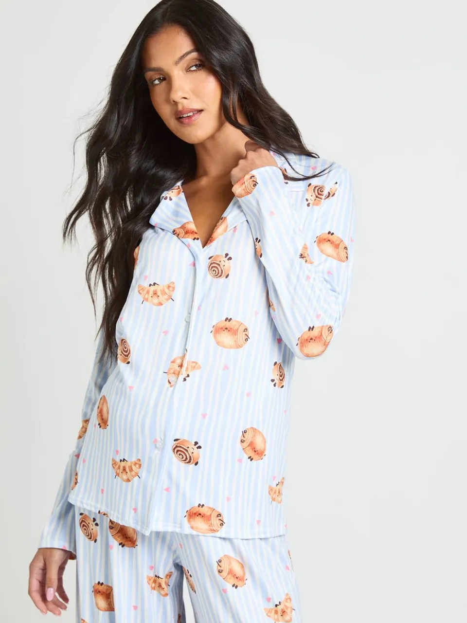 boohoo Dames Zwangerschaps Pyjama Set Met Croissant Print Shirt Met Lange Mouwen & Broek blauw, foto 3
