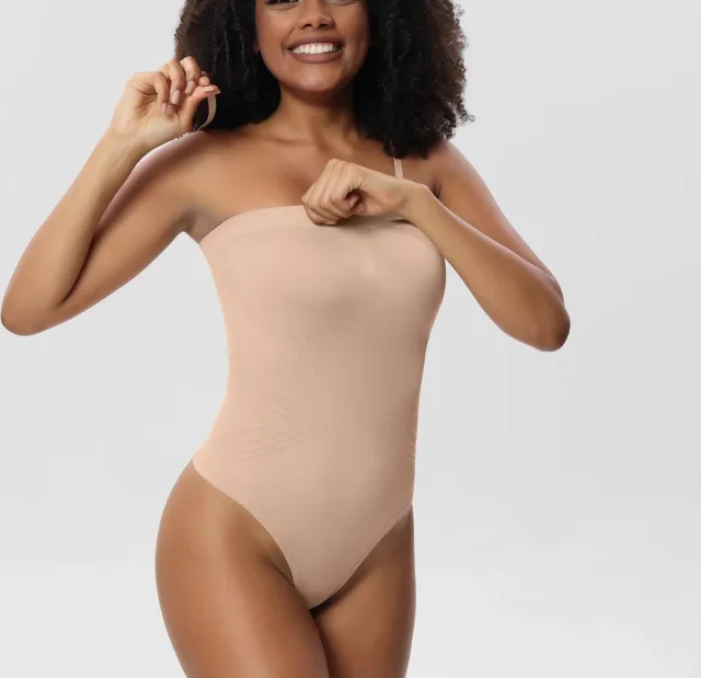 Wow Peach New Shapewear Bodysuit Slip - Open Kruis - Shaper - Fit - Comfort - Elastisch - Strapless - Afneembare Schouderbandjes - Nude - Medium
