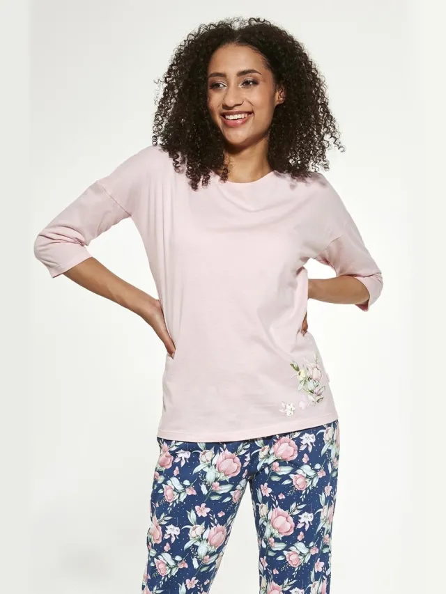 Cornette Katoenen Pyjama Dames Volwassenen | 3/4 Mouw 7/8 Broek | Winter Pyama Dames Volwassenen | Flower 463/288 Roze