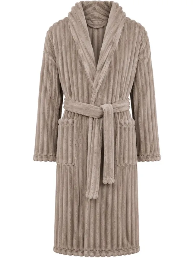 Relax Company Badjas Unisex Geribbelde Teddy Stof - Badjas Dames - Badjas Heren - Sjaalkraag - Fluweelzacht Fleece - Taupe
