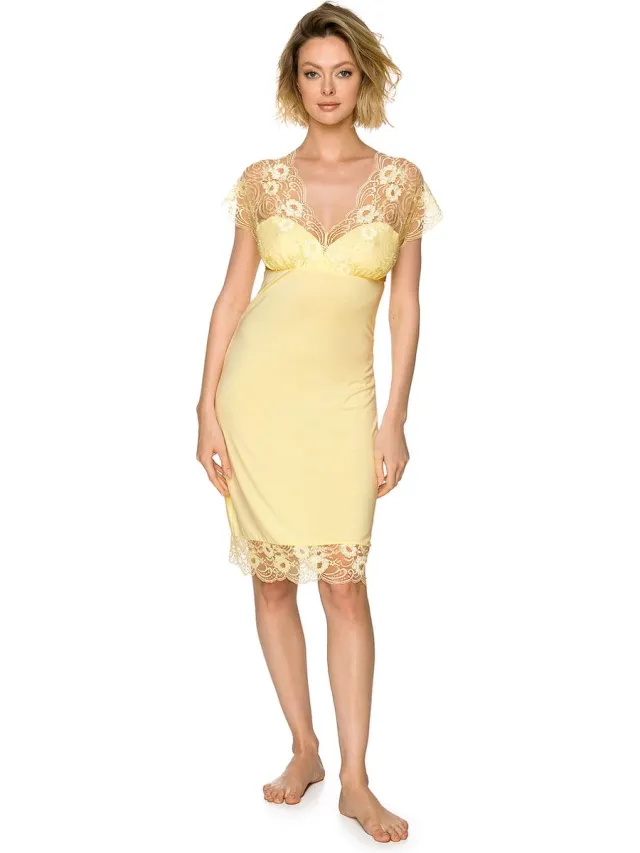 Coemi Dames slipdress-nachtjapon-Sunny-handgesneden kant-geel