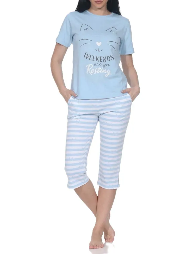 Normann dames capri pyjama met korte mouwen in kattenlook – ook in grote maten hellblau