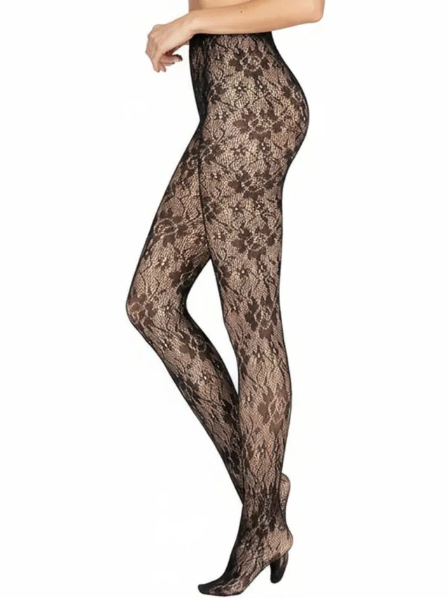 Caresse Panty Floral Lace - Kanten Netpanty met Bloemenmotief - Zwart