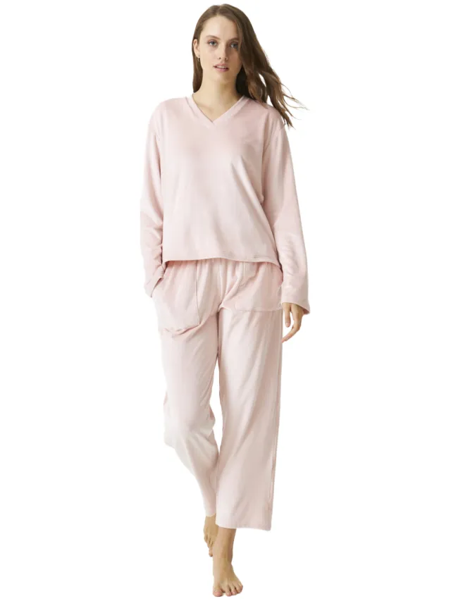 J and J Brothers Damespyjama met lange mouwen en V-hals JJBDP0202 Roze
