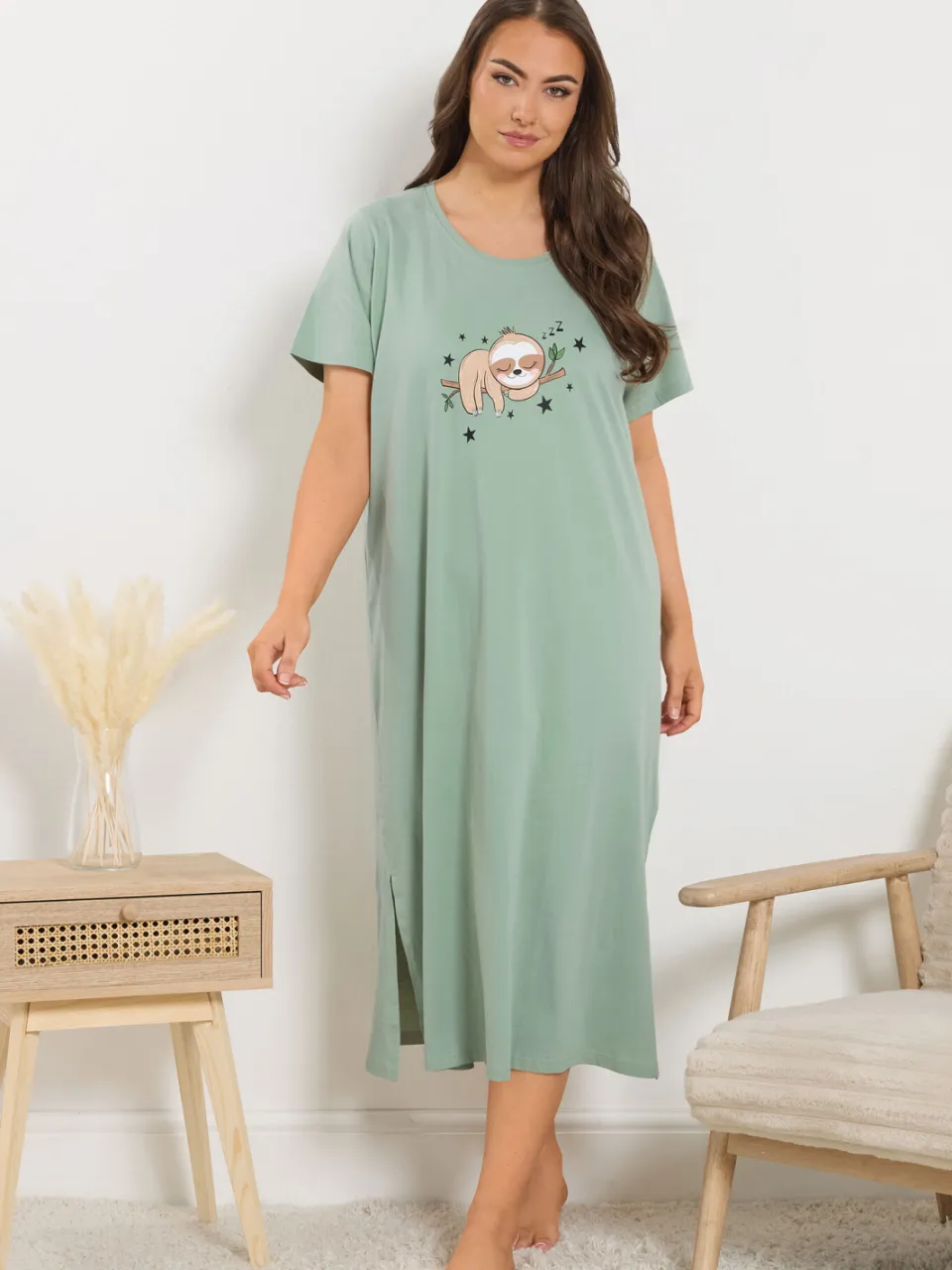 Yours Groene Nachtjapon Met Luiaardprint-56 Green