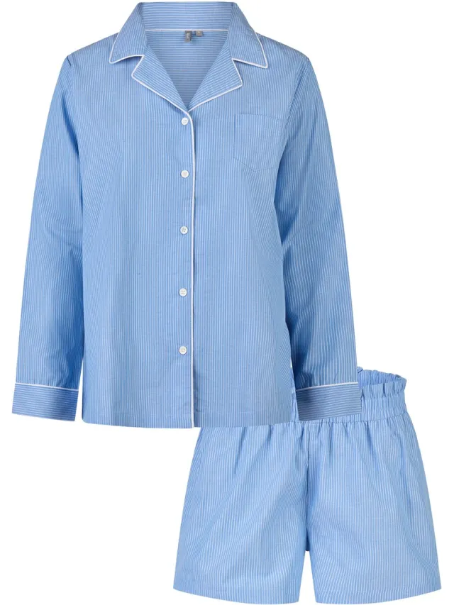 By Louise Dames Pyjama Set Short + Blouse Gestreept Blauw Lichtblauw
