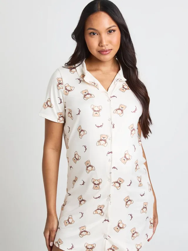 boohoo Dames Zwangerschaps Nachthemd Met Berenprint En Strikjes, Kraag En Knoopsluiting Light Brown