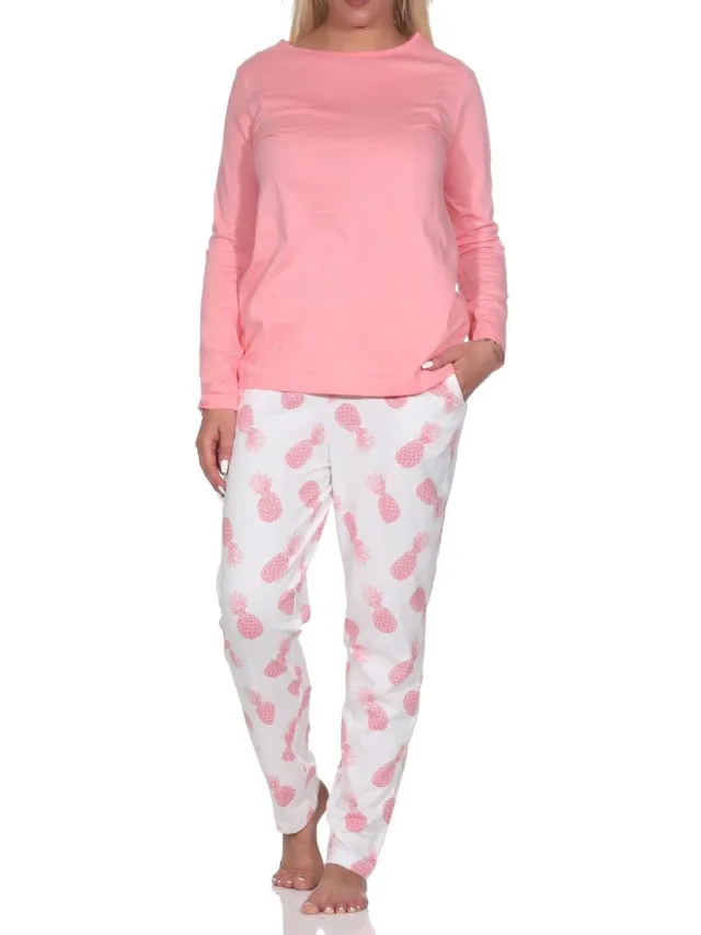 Normann dames pyjama met lange mouwen Homewear met ananasmotief rosa