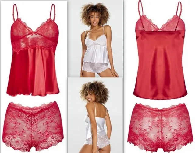 DKaren Satijnen shortama met doorzichtig kanten broekje -Verleidelijke kanten pyjama - Prachtige lingerie set - DKaren Nevada - rood