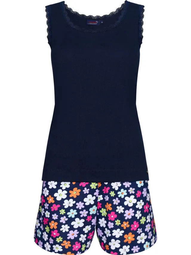 Rebelle Donkerblauwe shortama bloemen Rebelle - Blauw - Maat - 36