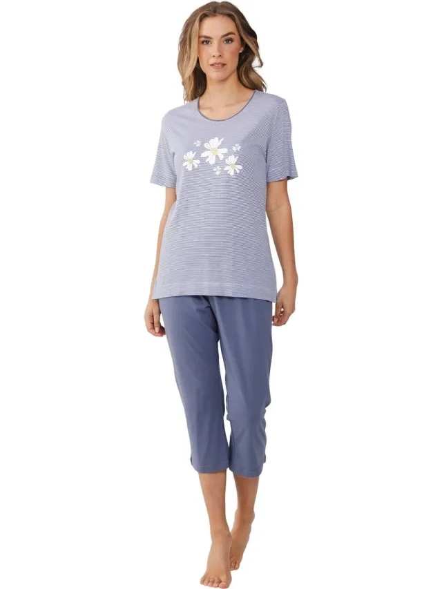 Pastunette Pyjama Flowers - Grijs Gestreept - Katoen