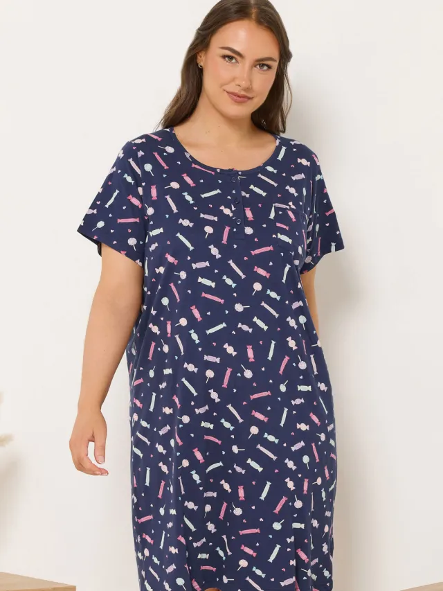 Yours Marineblauw Midaxinachthemd Met Zoete Print En Knoopsluiting-60 Blue