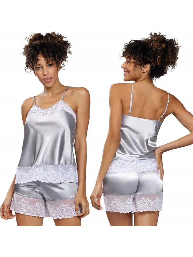 DKaren Korte satijnen pyjama - Prachtige shortama met kant - DKaren - Isabella - silver Grijs