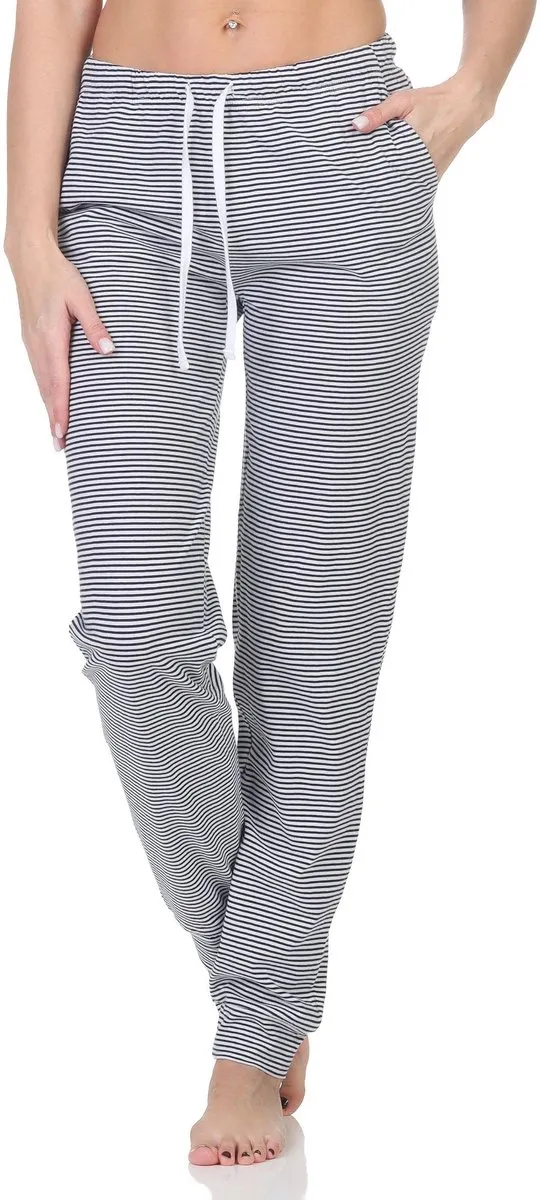 Normann Dames pyjamabroek lang mix & match in effen kleur - perfect te combineren streifen_marine
