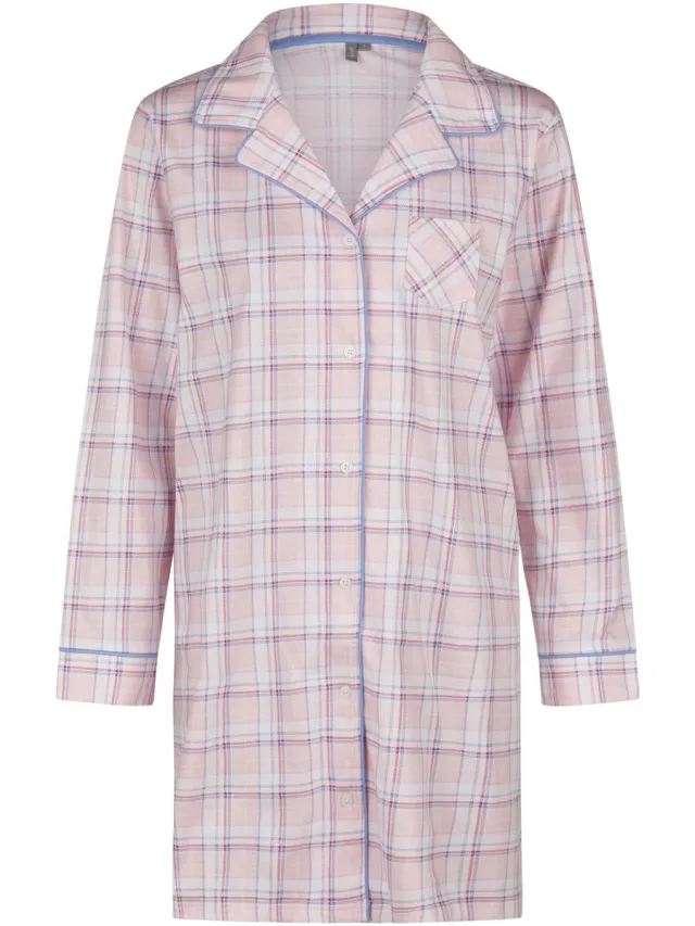 By Louise Dames Nachthemd Met Knoopsluiting Lange Mouw Roze Geruit