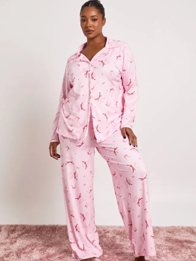 boohoo Dames Plus Strik Cocktail Lange Mouw Shirt En Broek Pyjama Set Roze
