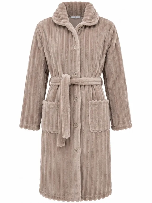 Cocodream Collections Badjas dames fleece - ochtendjas dames met knopen en ceintuur - zacht en warm - taupe
