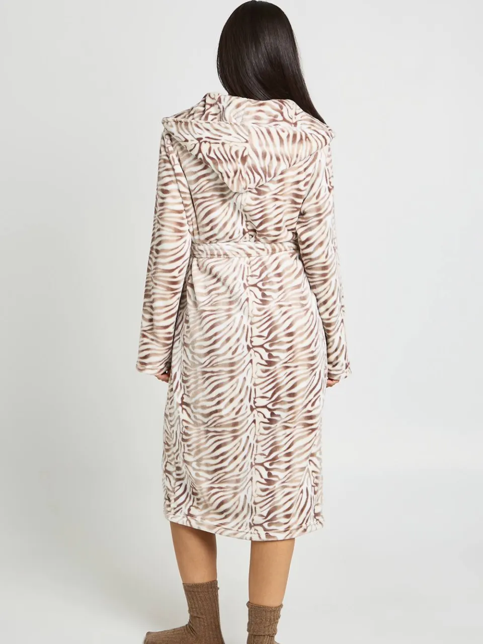 boohoo Dames Fleece Ochtendjas Met Zebraprint En Capuchon Lang Model, foto 2