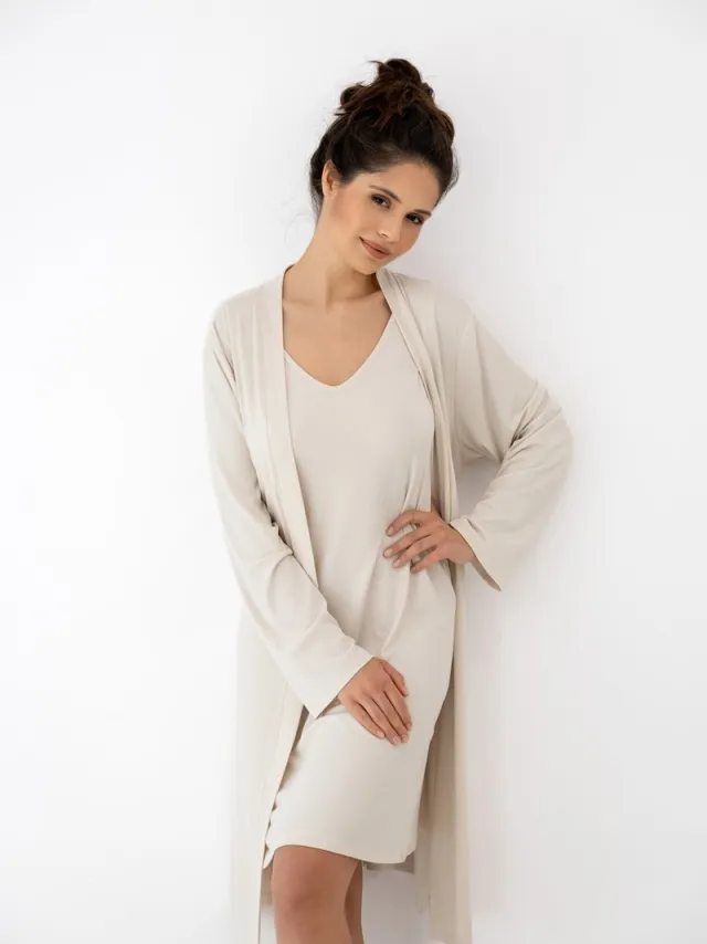 S& Sensis Sensis Viscose Nachthemd Ochtendjas Set Dames Geribd Ecru JULIENNE 44 /