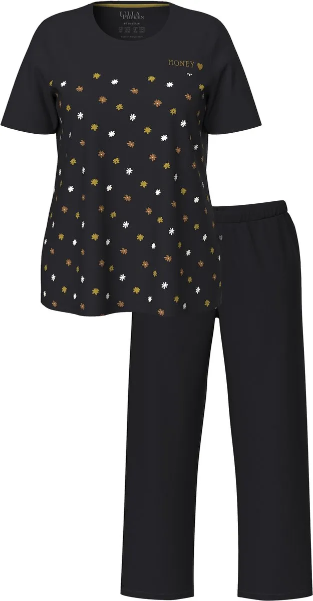 Ulla Popken Dames - Pyjama bloemen borduursel ronde hals korte mouw - Zwart - Maat 50+