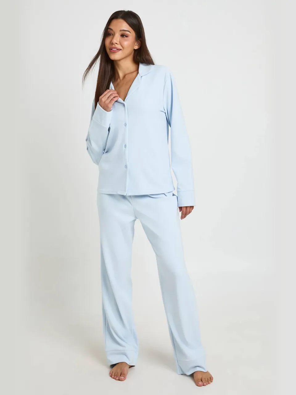 boohoo Dames Geborsteld Jersey Pyjama Set Met Shirt Met Lange Mouwen & Broek lichtblauw, foto 3
