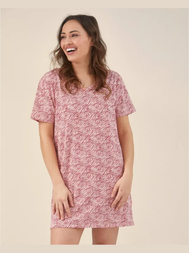 Little Label zomer nachthemd dames - roze zebra-streep-38 - extra zachte bio-katoen