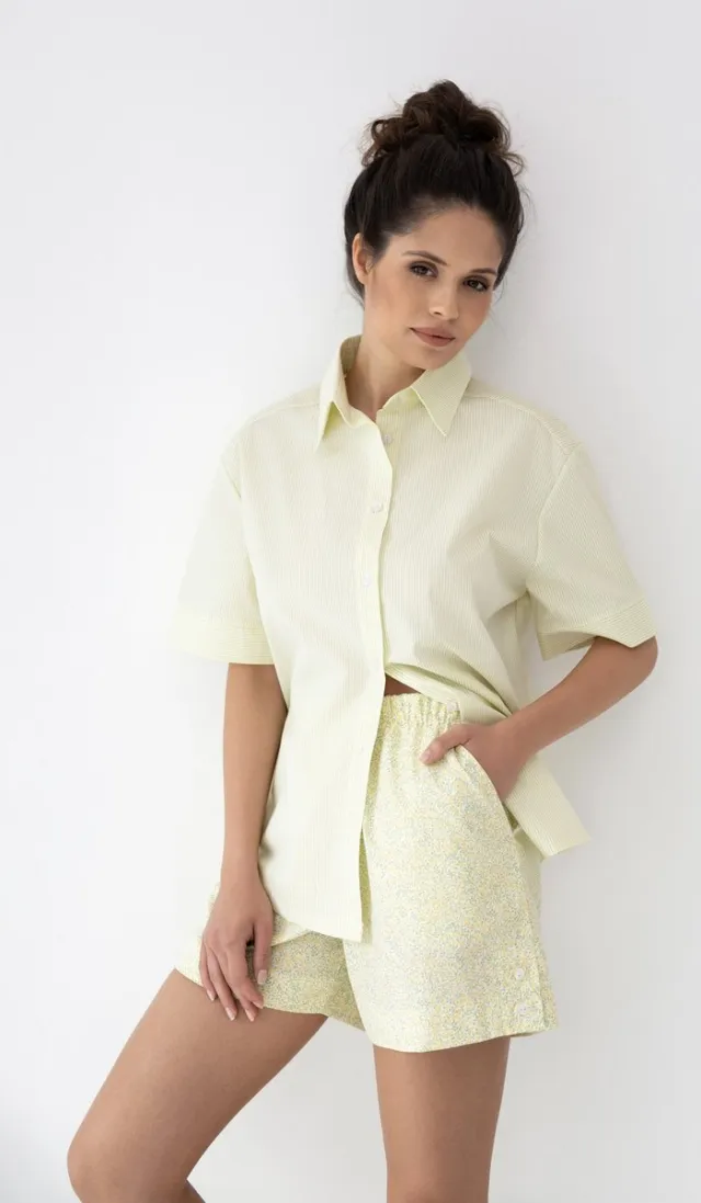 S& Sensis Sensis Katoenen Shortama Pyjama Dames Bloemenprint Knoopsluiting Limoen Groen OPHELIA 40 /