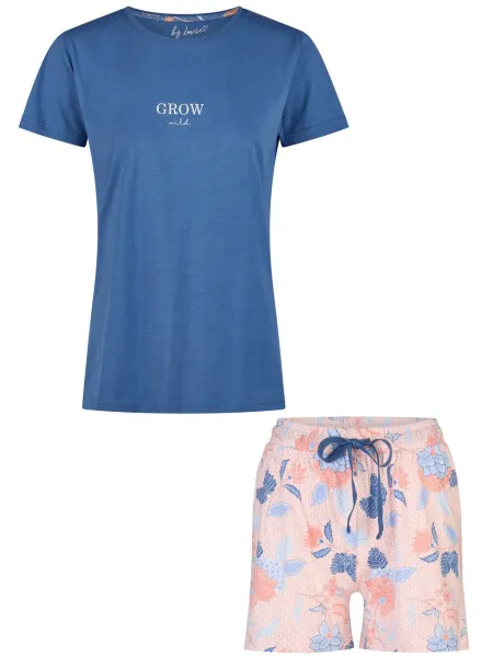 By Louise Dames korte pyjama set shortama blauw/roze gebloemd Veelkleurig